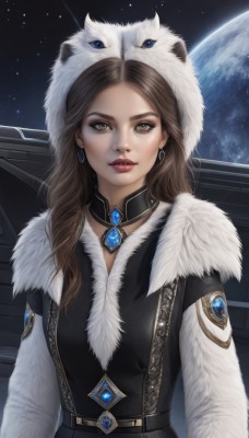 1girl,solo,long hair,looking at viewer,brown hair,dress,brown eyes,jewelry,upper body,earrings,parted lips,sky,choker,belt,hood,lips,fur trim,makeup,lipstick,brooch,gem,star (sky),eyeshadow,starry sky,animal hood,realistic,nose,red lips,space,planet,earth (planet),long sleeves,yellow eyes,artist name,necklace,coat,night,moon