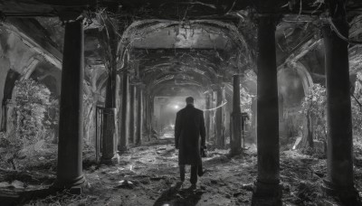 solo,short hair,long sleeves,1boy,holding,standing,monochrome,weapon,greyscale,male focus,indoors,from behind,tree,coat,plant,scenery,1other,arms at sides,facing away,architecture,ruins,wide shot,pillar,statue,ambiguous gender,arch,column,light rays,crack,overgrown