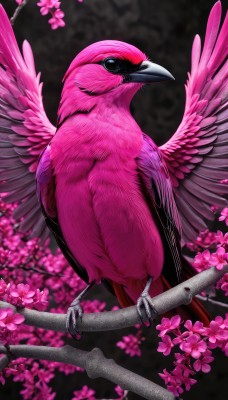 solo,full body,flower,wings,blurry,black eyes,no humans,bird,animal,feathers,black background,cherry blossoms,pink flower,realistic,branch,animal focus,talons,beak,spread wings,closed mouth