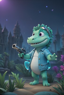 solo,smile,open mouth,shirt,1boy,holding,standing,purple eyes,jacket,full body,weapon,flower,short sleeves,male focus,outdoors,open clothes,sky,teeth,artist name,water,holding weapon,gun,no humans,open shirt,night,watermark,moon,blue shirt,sharp teeth,goggles,building,star (sky),holding gun,night sky,furry,starry sky,goggles on head,rock,furry male,green skin,castle,cactus,barefoot,open jacket,buttons,colored skin,grass,blue jacket,freckles,realistic,scales,shell,kappa