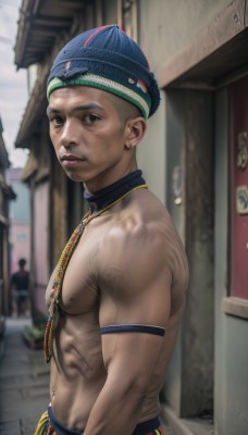 solo,looking at viewer,short hair,1boy,hat,navel,brown eyes,jewelry,closed mouth,nipples,upper body,male focus,earrings,outdoors,parted lips,necktie,solo focus,day,blurry,black eyes,from side,lips,muscular,blurry background,piercing,abs,pectorals,muscular male,armband,blue headwear,freckles,topless male,realistic,beanie,black hair,necklace,collar