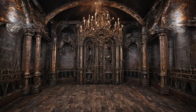 indoors,dutch angle,no humans,fire,scenery,wooden floor,stairs,fantasy,light,candle,architecture,pillar,arch,candlestand,chandelier,column,chair,table,sunlight,light rays,railing,church