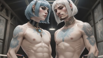 short hair,bangs,brown eyes,jewelry,closed mouth,nipples,blue hair,closed eyes,upper body,white hair,grey hair,male focus,nude,hairband,earrings,parted lips,multiple boys,choker,indoors,2boys,necklace,mole,looking at another,collar,lips,tattoo,muscular,facial hair,piercing,abs,pectorals,muscular male,ear piercing,beard,topless male,realistic,arm tattoo,shoulder tattoo,chest tattoo,armpit hair,neck tattoo,1girl,blush,1boy,collarbone,shiny,blurry,detached collar,blurry background,bob cut,gem,pendant,blue nails,freckles,toned,toned male,stomach tattoo,body markings