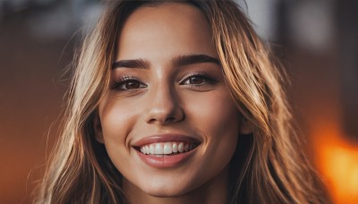 1girl,solo,long hair,looking at viewer,smile,open mouth,blonde hair,brown hair,brown eyes,teeth,grin,blurry,lips,eyelashes,depth of field,blurry background,portrait,forehead,realistic,nose,multicolored hair,parody,fire,close-up