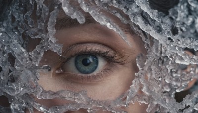 1girl,solo,looking at viewer,blue eyes,black hair,water,blurry,eyelashes,depth of field,close-up,realistic,eye focus,1boy,male focus,artist name,portrait