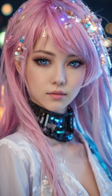 1girl,solo,long hair,breasts,looking at viewer,bangs,blue eyes,hair ornament,cleavage,closed mouth,upper body,pink hair,choker,blurry,collar,lips,see-through,eyelashes,makeup,depth of field,swept bangs,gem,portrait,close-up,crystal,pink lips,realistic,nose,bokeh,mascara,parted lips