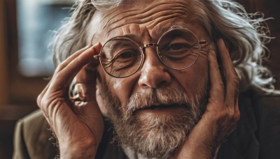 solo,looking at viewer,1boy,closed mouth,white hair,grey hair,male focus,glasses,artist name,blurry,depth of field,blurry background,facial hair,portrait,beard,realistic,round eyewear,mustache,adjusting eyewear,hands on own face,old,old man,wrinkled skin,signature,lips,close-up,nose,stubble