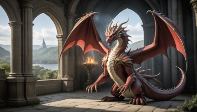 HQ,solo,looking at viewer,open mouth,red eyes,tail,outdoors,wings,horns,sky,day,cloud,blue sky,no humans,cloudy sky,fire,scenery,claws,mountain,fantasy,dragon,dragon tail,scales,pillar,dragon wings,arch,column,teeth,glowing,spikes,monster,ruins,flame,breathing fire