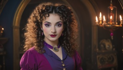 1girl,solo,long hair,looking at viewer,smile,brown hair,black hair,dress,brown eyes,jewelry,closed mouth,upper body,earrings,choker,puffy sleeves,indoors,necklace,blurry,lips,makeup,drill hair,lipstick,gem,purple dress,pendant,eyeshadow,curly hair,red lips,candle,big hair,afro,candlelight,depth of field,blurry background,portrait,realistic,eyeliner