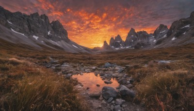 outdoors,sky,cloud,water,tree,no humans,cloudy sky,grass,nature,scenery,reflection,sunset,rock,mountain,river,evening,landscape,mountainous horizon,orange sky,red sky,stone,bird,field