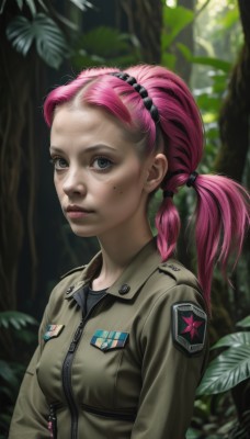 1girl,solo,breasts,looking at viewer,blue eyes,twintails,closed mouth,jacket,upper body,ponytail,pink hair,hairband,small breasts,outdoors,mole,blurry,uniform,tree,lips,grey eyes,military,mole under eye,military uniform,makeup,nature,forest,zipper,freckles,realistic,nose,hair tie,emblem,patch,long hair,shirt,green eyes,artist name,eyelashes,leaf,lipstick,badge