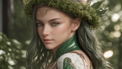 1girl,solo,long hair,looking at viewer,black hair,hair ornament,jewelry,closed mouth,green eyes,grey hair,earrings,outdoors,armor,blurry,from side,lips,eyelashes,depth of field,blurry background,leaf,piercing,ear piercing,portrait,close-up,freckles,circlet,realistic,nose,fantasy,head wreath,bare shoulders,parted lips,day,artist name,wavy hair,thick eyebrows,nature,stud earrings,green theme,bokeh,laurel crown