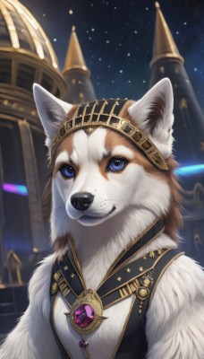 solo,looking at viewer,smile,blue eyes,jewelry,upper body,outdoors,sky,vest,no humans,night,animal,brooch,gem,star (sky),night sky,furry,starry sky,dog,animal focus,white fur,clothed animal,closed mouth,wolf