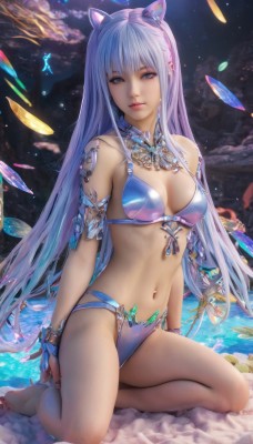 1girl,solo,long hair,breasts,looking at viewer,bangs,blue eyes,navel,animal ears,cleavage,bare shoulders,jewelry,medium breasts,sitting,very long hair,closed mouth,blue hair,swimsuit,bikini,sky,barefoot,cat ears,water,nail polish,lips,kneeling,detached collar,fake animal ears,blue bikini,armlet,crystal,realistic,small breasts,bracelet,watermark,light purple hair,nose