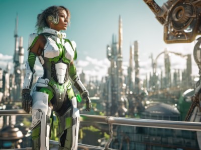 1girl,solo,short hair,black hair,gloves,standing,outdoors,sky,day,dark skin,armor,blurry,dark-skinned female,lips,bodysuit,blurry background,robot,building,science fiction,city,realistic,railing,cityscape,cyborg,very dark skin,power armor,cyberpunk,dreadlocks,brown hair,headphones,nose