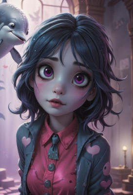 1girl,solo,breasts,looking at viewer,blush,short hair,bangs,shirt,black hair,medium breasts,purple eyes,jacket,upper body,heart,small breasts,parted lips,open clothes,necktie,teeth,collared shirt,artist name,indoors,signature,medium hair,pink eyes,blurry,open jacket,lips,black jacket,parted bangs,eyelashes,window,dress shirt,makeup,buttons,depth of field,blurry background,bird,animal,watermark,looking up,wing collar,lipstick,messy hair,red shirt,web address,tareme,backlighting,freckles,pink shirt,blue necktie,wide-eyed,pink lips,nose,unbuttoned,red lips,print shirt,heart print,deviantart username,denim jacket,print necktie,jewelry,earrings,sunlight,polka dot,blue jacket,zipper,lamp