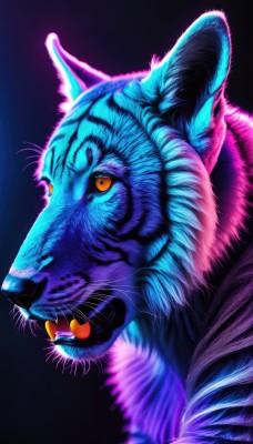 solo,simple background,closed mouth,yellow eyes,horns,signature,blurry,from side,orange eyes,no humans,glowing,animal,fangs,cat,black background,portrait,colored sclera,realistic,animal focus,whiskers,tiger,teeth,artist name,profile,clenched teeth