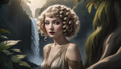 1girl,solo,breasts,looking at viewer,short hair,blue eyes,blonde hair,cleavage,bare shoulders,medium breasts,collarbone,upper body,parted lips,water,tree,lips,grey eyes,eyelashes,makeup,leaf,plant,lipstick,nature,armlet,curly hair,nose,red lips,waterfall,jewelry,earrings