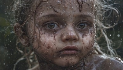 1girl,solo,long hair,looking at viewer,blonde hair,brown eyes,closed mouth,water,blurry,lips,wet,blood,scar,portrait,close-up,injury,realistic,dirty,eyelashes,floating hair,messy hair,freckles,water drop,blood on face,nose