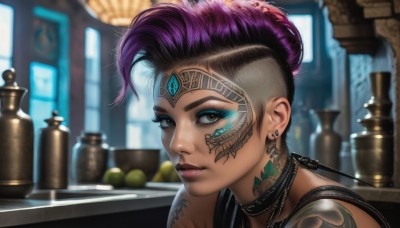 1girl,solo,looking at viewer,short hair,brown eyes,jewelry,purple hair,multicolored hair,earrings,choker,dark skin,hair bun,blurry,dark-skinned female,lips,grey eyes,tattoo,makeup,blurry background,facial mark,piercing,lipstick,ear piercing,portrait,eyeshadow,freckles,nose,stud earrings,eyeliner,arm tattoo,undercut,mascara,food,necklace,eyelashes,fruit,depth of field,black choker,asymmetrical hair,very short hair,facial tattoo