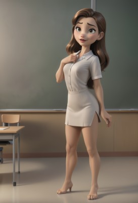 1girl,solo,long hair,breasts,looking at viewer,smile,skirt,brown hair,shirt,brown eyes,standing,full body,white shirt,short sleeves,small breasts,parted lips,shoes,barefoot,artist name,indoors,miniskirt,high heels,lips,makeup,toes,white skirt,hand on own chest,desk,pencil skirt,classroom,chalkboard,teacher,blush,open mouth,dress,medium breasts,pantyhose,white dress,feet,see-through,short dress,white footwear,see-through legwear