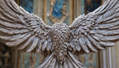 solo,wings,indoors,from behind,blurry,no humans,depth of field,blurry background,feathered wings,angel wings,white wings,angel,pillar,statue,multiple wings