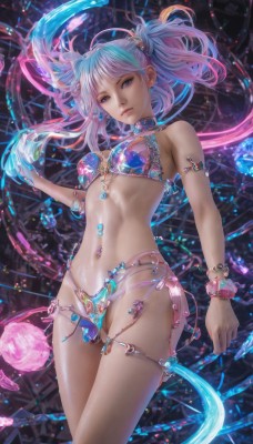 1girl,solo,long hair,breasts,looking at viewer,bangs,blue eyes,hair ornament,navel,bare shoulders,twintails,jewelry,medium breasts,closed mouth,underwear,blue hair,standing,tail,swimsuit,pink hair,bikini,multicolored hair,cowboy shot,earrings,parted lips,choker,shiny,hand up,stomach,bra,bracelet,lips,gradient hair,floating hair,piercing,gem,armlet,floating,realistic,navel piercing,planet,jellyfish,small breasts,necklace,magic,bikini armor