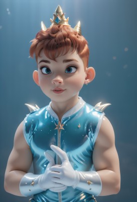 1girl,solo,looking at viewer,blush,smile,short hair,blue eyes,brown hair,gloves,jewelry,upper body,earrings,parted lips,sleeveless,white gloves,lips,watermark,blue background,tiara,crown,child,freckles,1boy,male focus,horns,artist name,sparkle,muscular,thick eyebrows,spikes,glint,humanization