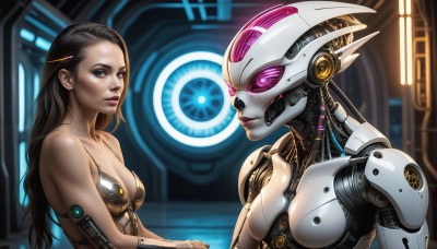 HQ,long hair,breasts,looking at viewer,blue eyes,multiple girls,brown hair,black hair,hair ornament,2girls,cleavage,medium breasts,swimsuit,upper body,bikini,small breasts,hairclip,pink eyes,lips,makeup,glowing,robot,mecha,glowing eyes,science fiction,realistic,nose,android,joints,cable,cyborg,robot joints,cyberpunk,mechanical parts,hologram