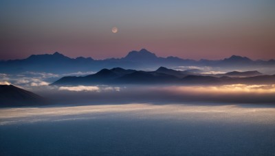 outdoors,sky,cloud,water,no humans,ocean,moon,cloudy sky,nature,scenery,full moon,reflection,sunset,mountain,sun,horizon,landscape,mountainous horizon,lake,gradient sky,hill,reflective water,sunlight