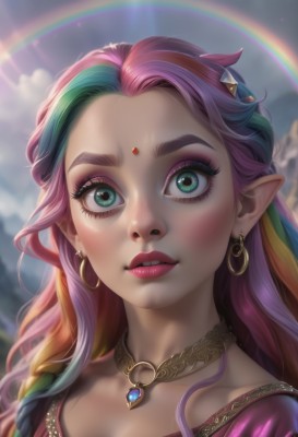 1girl,solo,long hair,breasts,looking at viewer,blush,hair ornament,dress,cleavage,jewelry,green eyes,collarbone,upper body,pink hair,purple hair,multicolored hair,earrings,outdoors,parted lips,green hair,sky,teeth,choker,day,pointy ears,artist name,cloud,necklace,blurry,two-tone hair,lips,eyelashes,makeup,blurry background,piercing,thick eyebrows,lipstick,elf,gem,ear piercing,portrait,eyeshadow,freckles,hoop earrings,realistic,nose,eyeliner,forehead jewel,rainbow,mascara,green gemstone,rainbow hair,streaked hair,facial mark,forehead