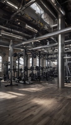 indoors,blurry,no humans,window,shadow,sunlight,scenery,light rays,wooden floor,stairs,railing,ceiling,railroad tracks,steampunk