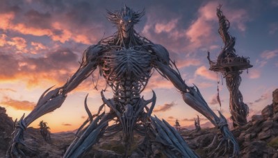 standing,yellow eyes,outdoors,horns,sky,cloud,no humans,glowing,cloudy sky,robot,scenery,glowing eyes,claws,science fiction,sunset,monster,fantasy,giant,ruins,skeleton,extra arms,solo,looking at viewer,1boy