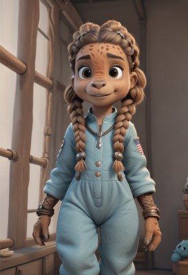 1girl,solo,long hair,looking at viewer,smile,brown hair,animal ears,brown eyes,jewelry,standing,braid,indoors,necklace,twin braids,bracelet,stuffed toy,thick eyebrows,stuffed animal,child,claws,furry,freckles,furry female,female child,overalls,hair ornament,parted lips,artist name,dark skin,flat chest,window,tattoo,buttons,zipper,dirty