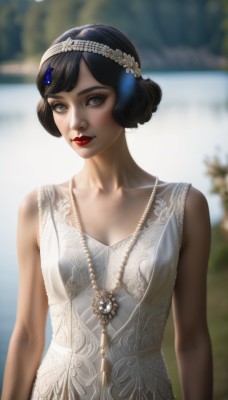 1girl,solo,breasts,looking at viewer,short hair,bangs,black hair,hair ornament,dress,cleavage,bare shoulders,jewelry,collarbone,upper body,hairband,small breasts,outdoors,parted lips,sleeveless,artist name,necklace,white dress,blurry,black eyes,lips,grey eyes,makeup,sleeveless dress,blurry background,watermark,lipstick,gem,web address,freckles,realistic,red lips,smile,closed mouth,tiara