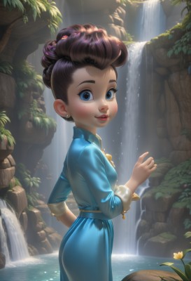 1girl,solo,breasts,looking at viewer,smile,short hair,blue eyes,brown hair,shirt,long sleeves,dress,jewelry,standing,flower,cowboy shot,earrings,outdoors,parted lips,day,looking back,hand up,water,mole,from side,lips,wet,looking to the side,eyelashes,blue dress,leaf,blue shirt,plant,child,wading,freckles,rock,nose,red lips,stud earrings,waterfall,blush,purple hair,artist name,signature,mole under eye,watermark,web address,updo