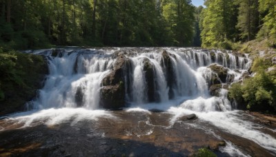 outdoors,sky,day,water,tree,no humans,nature,scenery,forest,rock,river,waterfall,moss,stream,blue sky,sunlight,landscape