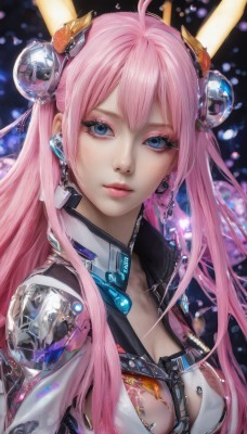 1girl,solo,long hair,breasts,looking at viewer,bangs,blue eyes,hair ornament,cleavage,jewelry,medium breasts,closed mouth,upper body,pink hair,ahoge,earrings,lips,eyelashes,bodysuit,makeup,headgear,eyeshadow,science fiction,realistic,bubble,nose,cyborg