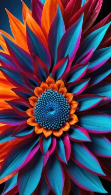 solo,simple background,flower,no humans,leaf,blue background,black background,blue flower,colorful,orange flower,still life,looking at viewer,gradient