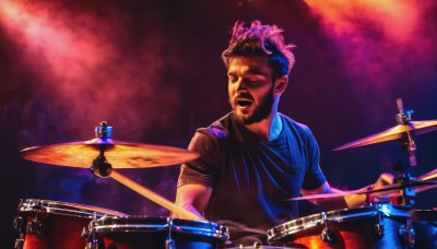 solo,short hair,open mouth,shirt,1boy,closed eyes,upper body,short sleeves,male focus,multicolored hair,wings,black shirt,facial hair,t-shirt,instrument,beard,realistic,mustache,music,playing instrument,drum,mohawk,drumsticks,drum set,holding,teeth,red background