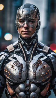 solo,looking at viewer,1boy,closed mouth,upper body,male focus,armor,blurry,black eyes,lips,bodysuit,blurry background,helmet,science fiction,realistic,cyborg,power armor,cyberpunk