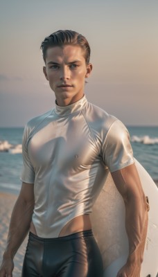 solo,looking at viewer,short hair,shirt,black hair,1boy,closed mouth,nipples,white shirt,short sleeves,male focus,cowboy shot,earrings,outdoors,day,pants,water,blurry,covered nipples,lips,wet,see-through,muscular,blurry background,ocean,beach,pectorals,muscular male,wet clothes,bara,skin tight,bulge,realistic,sand,wet shirt,male swimwear,swim trunks,surfboard,blue eyes,holding,sky,artist name,black pants,large pectorals,undercut