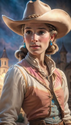 1girl,solo,long hair,blush,smile,brown hair,shirt,long sleeves,hat,brown eyes,jewelry,closed mouth,white shirt,upper body,braid,earrings,outdoors,sky,belt,necklace,blurry,vest,lips,looking to the side,blurry background,looking away,buckle,freckles,belt buckle,realistic,nose,brown headwear,brown belt,looking afar,castle,cowboy hat,brown vest,cowboy western,blue eyes,blonde hair,signature,night