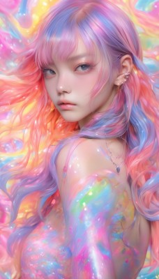 1girl,solo,long hair,breasts,looking at viewer,bangs,blue eyes,bare shoulders,jewelry,medium breasts,closed mouth,blue hair,upper body,pink hair,multicolored hair,earrings,necklace,from side,lips,grey eyes,eyelashes,gradient hair,makeup,watermark,piercing,ear piercing,pink lips,realistic,nose,colorful,parted lips,artist name,wavy hair,mascara