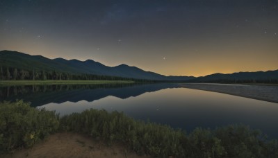 outdoors,sky,water,tree,no humans,night,grass,plant,star (sky),nature,night sky,scenery,forest,starry sky,reflection,mountain,river,landscape,lake,sunset,mountainous horizon,reflective water