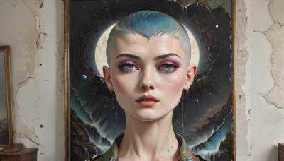 1girl,solo,looking at viewer,short hair,blue eyes,1boy,jewelry,blue hair,male focus,multicolored hair,earrings,parted lips,mole,lips,eyelashes,makeup,piercing,moon,ear piercing,portrait,eyeshadow,freckles,reflection,rain,realistic,nose,red lips,very short hair,mascara,eyeliner,space,planet