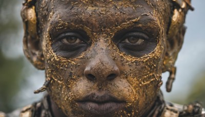 solo,looking at viewer,1boy,brown eyes,closed mouth,male focus,outdoors,blurry,depth of field,blurry background,portrait,close-up,realistic,armor,helmet,gold