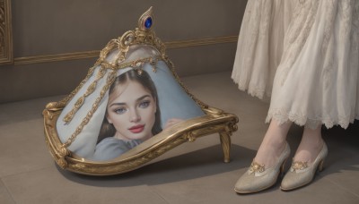 1girl,solo,long hair,looking at viewer,smile,blue eyes,skirt,brown hair,black hair,dress,standing,full body,shoes,indoors,white dress,high heels,lips,makeup,shadow,white footwear,lipstick,gem,veil,reflection,mirror,realistic,red lips,sitting,still life