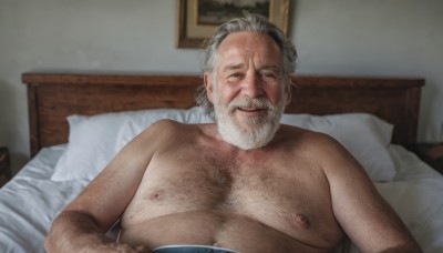 solo,looking at viewer,smile,blue eyes,1boy,nipples,upper body,grey hair,male focus,lying,indoors,on back,blurry,pillow,bed,blurry background,facial hair,on bed,pectorals,beard,topless male,mature male,realistic,mustache,old,fat,chest hair,old man,fat man,arm hair,wrinkled skin,white hair,parted lips,grin,book,depth of field,scar,manly,painting (object)