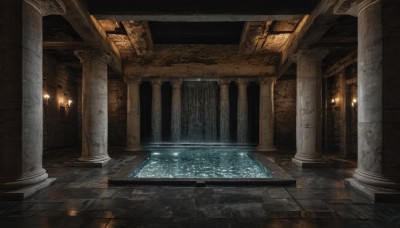 indoors,water,dutch angle,no humans,scenery,stairs,light,architecture,pillar,arch,column,stone floor,reflection,wooden floor,fantasy,door,tiles,candle,tile floor,ruins,hallway,torch,reflective floor,stone wall